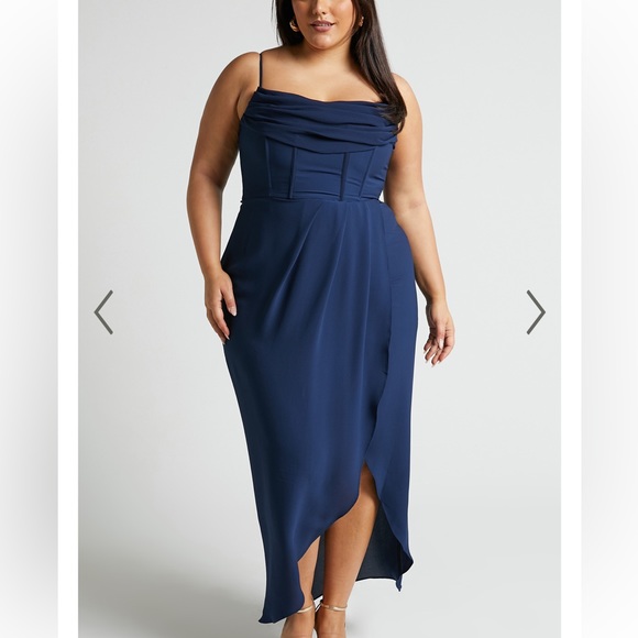 Showpo. ANDRINA MIDI DRESS - HIGH LOW WRAP CORSET DRESS IN NAVY - Picture 2 of 6